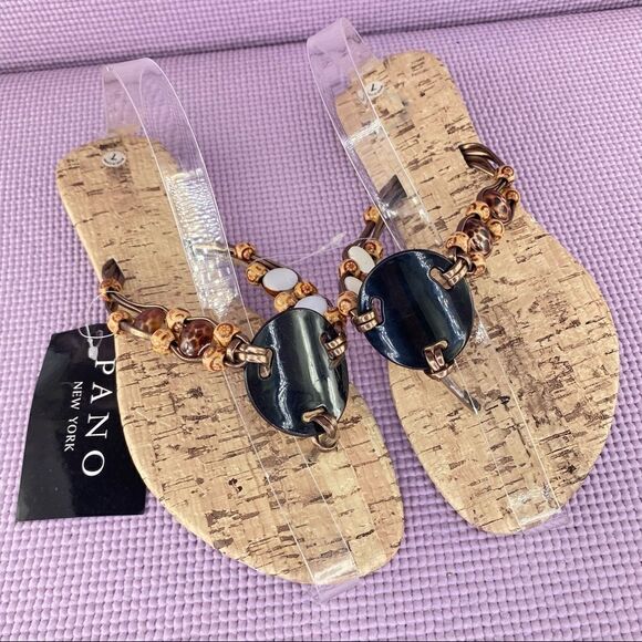 Pano New York Sea Shells & Beads Faux Cork Thang Sandals Black & Tan 7 NWT - Picture 1 of 9